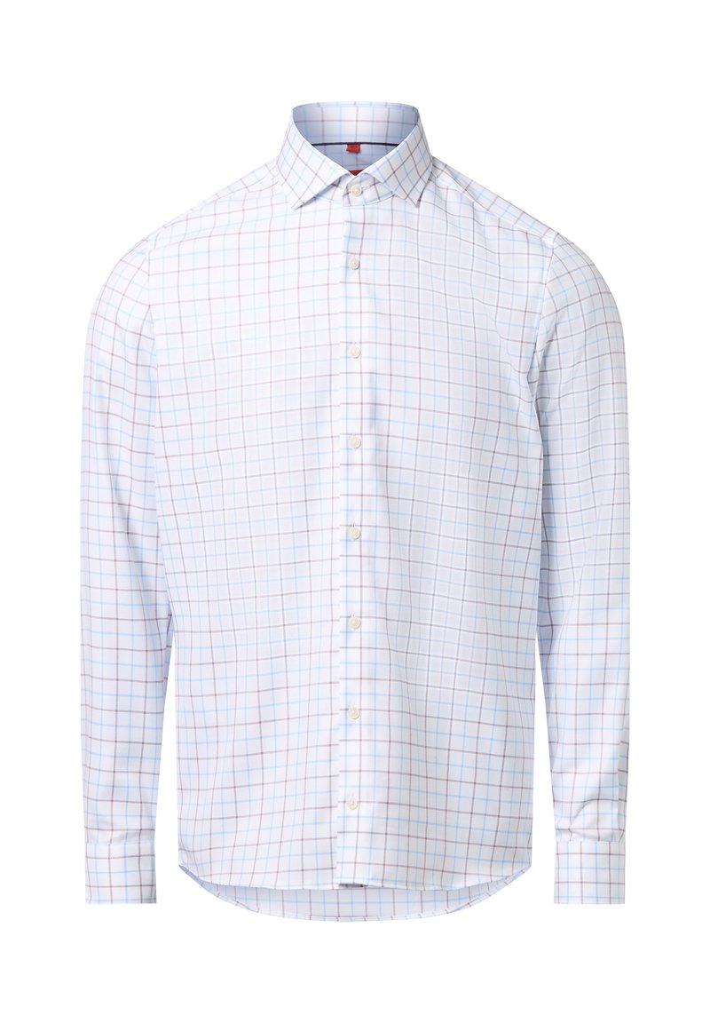 Biała koszula z długim rękawem, zapinana na guziki, w niebieską i jasnobrązową kratkę, z klasycznym, spiczastym kołnierzykiem.