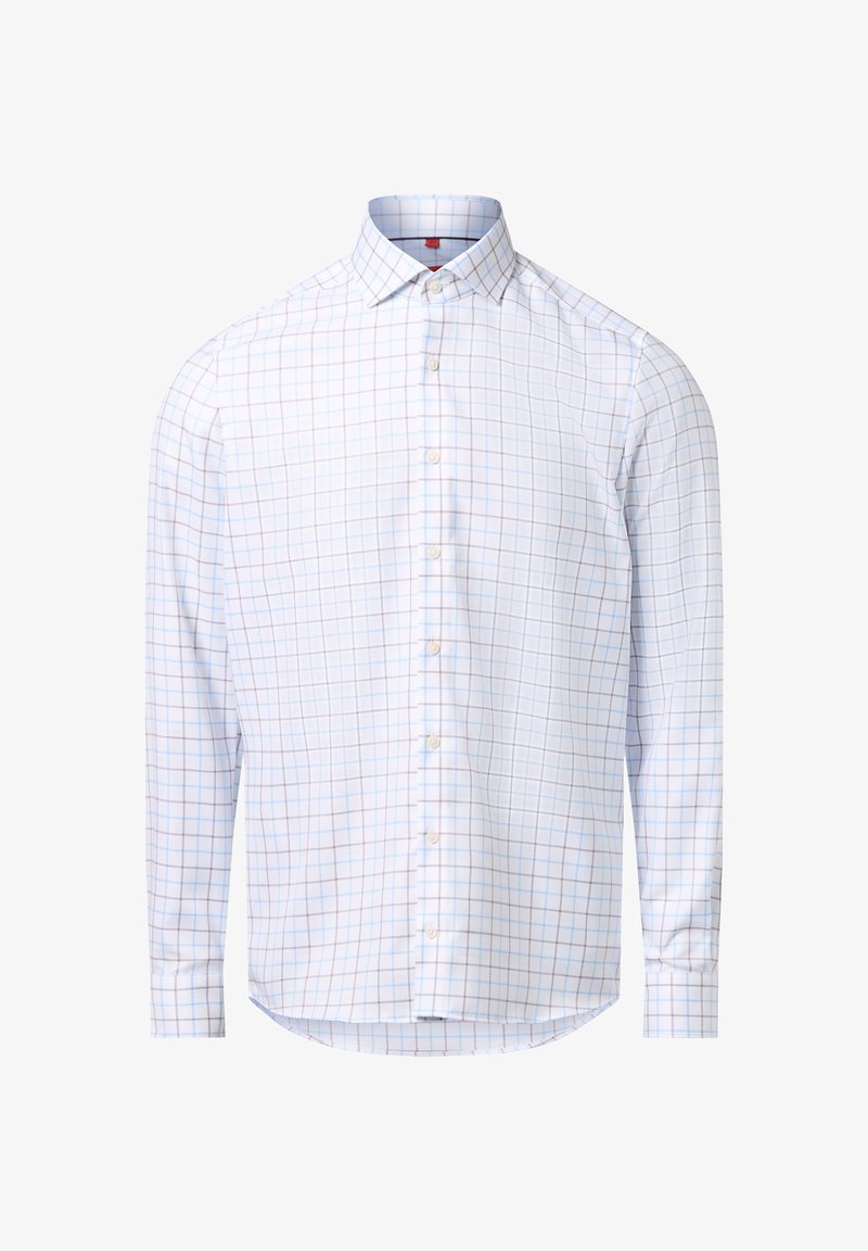 Camicia bianca a maniche lunghe con bottone, decorata con un motivo a griglia blu e marrone chiaro, e un colletto classico a punta.