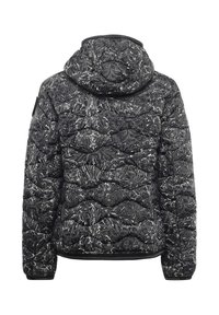 Zwart-witte donsjas met een bloemmotief, voorzien van een capuchon, doorgestikte textuur en elastische manchetten en zoom.