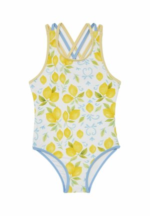 Maillot de bain une pièce pour enfant avec motif citron jaune et feuille verte, bordure bleue et jaune, et bretelles croisées dans le dos.