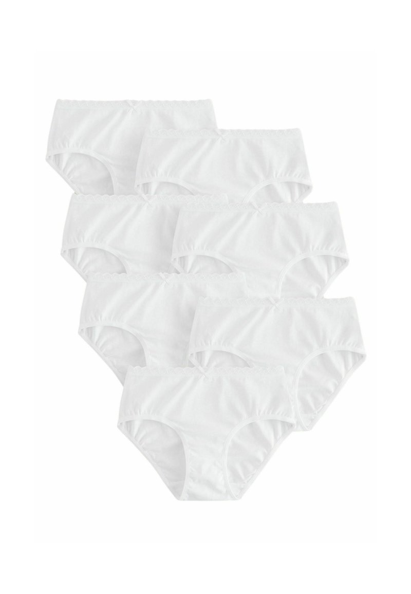 Panty in cotone bianco, caratterizzate da uno stile classico a slip con vita elastica e dettaglio in pizzo. Confezione da sei, con texture morbida.