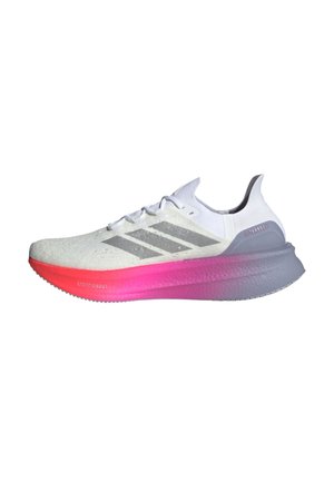 White running shoe with gray accents and three stripes. Textured upper, padded collar, and a gradient pink to gray sole.