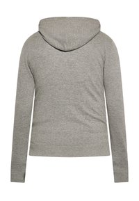 Helle graue Kapuzenjacke mit weicher Textur, langen Ärmeln und einer abgerundeten Kapuze. Keine sichtbaren Muster oder Hardware-Details, einfaches und unverziertes Design.