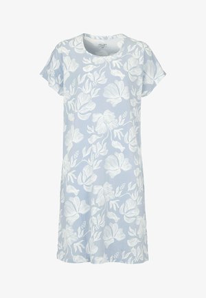 Lichtblauwe jurk met korte mouwen en witte bloemenprint, ronde halslijn en zoom tot op de knie.