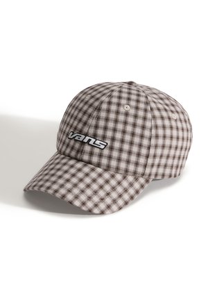 Brązowa i beżowa czapka baseballowa w kratę z wygiętym daszkiem i wyszywanym logo "vans" z przodu. Wykonana z materiału, posiadająca strukturalny fason.