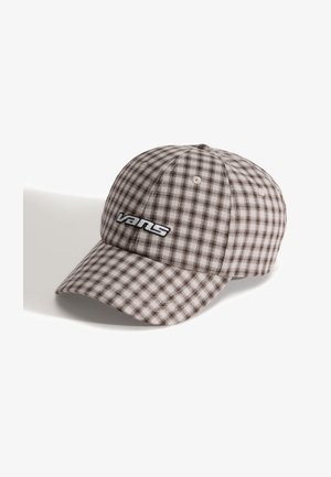 Brązowa i beżowa czapka baseballowa w kratę z wygiętym daszkiem i wyszywanym logo "vans" z przodu. Wykonana z materiału, posiadająca strukturalny fason.