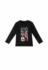 Schwarzes Langarm-T-Shirt mit einem Monster-Design und weißem sowie rotem Text auf der Vorderseite, der sagt: "MONSTER MACHEN MIR KEINE ANGST!"