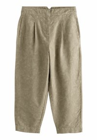 Helle beiger, cropped Hosen mit subtilen Blattmuster, ausgestattet mit Seitentaschen, Falten und einer glatten Textur. Mit elastischem Bund.