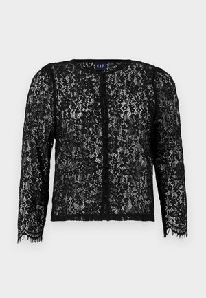 Zwarte kanten cardigan met lange mouwen, knoopsluiting aan de voorkant, bloemenpatroon, gegolfde randen en een zachte textuur. Merklabel zichtbaar bij de halslijn.