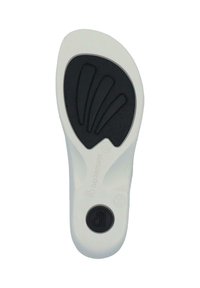 Shoe sole with a white, rounded edge; black textured rubber in the center features a leaf pattern; size markings visible near the heel.