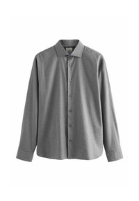 Gray button-up shirt featuring a small checkered pattern, a classic collar, long sleeves, and a standard fit. Made from a smooth material.