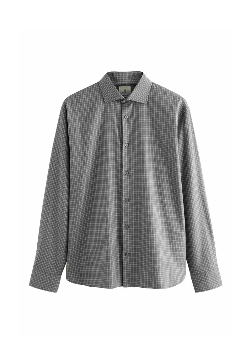 Gray button-up shirt featuring a small checkered pattern, a classic collar, long sleeves, and a standard fit. Made from a smooth material.