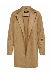 Harmaa mokkanahkainen pitkä takki, jossa on auki oleva etuosa, läpän kaulus ja hihansuut. Ominaisuuksiin kuuluu sileä pinta ja yksinkertainen, klassinen muotoilu.