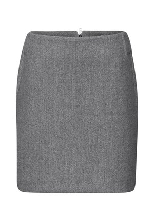 Grå stof blyantnederdel med en glat tekstur, tætsiddende silhuet og en diskret baglynlås til lukning. Enkelt og rent design.