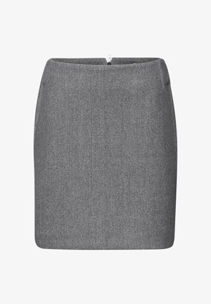 Szara ołówkowa spódnica z gładkiego materiału, dopasowana sylwetka i dyskretny zamek błyskawiczny z tyłu. Prosty i estetyczny design.