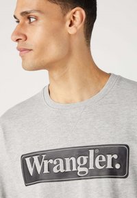 Šedá mikina s výrazným černým obdélníkovým logem s nápisem "Wrangler" v tučných bílých písmenech. Jednoduchý design výstřihu a měkká textura.