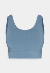 Sømløs blå crop top laget av myk, elastisk stoff. Den har en bred, rund halslinje og tykke stropper med ribbet tekstur.