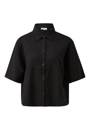 Camicia nera a maniche corte con bottoni, colletto appuntito e vestibilità ampia, realizzata in tessuto leggero.