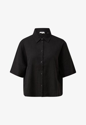 Black short-sleeve button-up shirt with a pointed collar and loose fit, made from lightweight fabric.