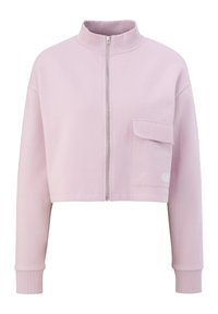 Felpa corta con zip di colore rosa chiaro, con colletto alto, taschino frontale, polsini a costine e una texture del tessuto morbida.