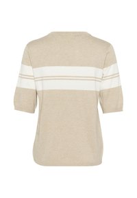 Beige sweater with short sleeves, white horizontal stripes, round neckline, soft texture, and relaxed fit.