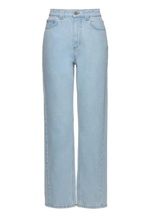 Jasnoniebieskie dżinsy o wysokim stanie, proste nogawki, zapinane z przodu na guziki i zamek błyskawiczny, z przednimi kieszeniami i szlufkami na pasek.