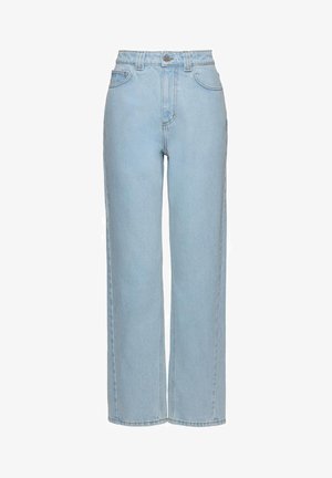 Világoskék, magas derekú, egyenes szárú farmernadrág, elöl gombos és cipzáros záródással, elülső zsebekkel és övbújtatókkal.