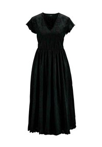 Schwarzes Midikleid mit kurzen Kappenärmeln, V-Ausschnitt, elastischem Taillenbund, gestickten Blumenmustern und einem welligen Saum.