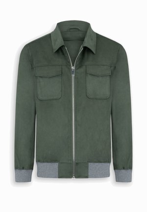 Grüne Jacke zum Reißverschluss mit zwei Klapp-Brusttaschen, einem Kragen und grauen Rippbündchen an Ärmeln und Saum.