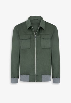 Grüne Jacke zum Reißverschluss mit zwei Klapp-Brusttaschen, einem Kragen und grauen Rippbündchen an Ärmeln und Saum.