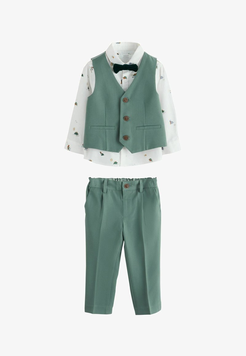 Green toddler suit with matching vest and pants, white long-sleeve shirt with small animal prints, and black bow tie.