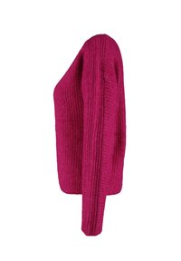 Fuchsia gestrickter Pullover mit gerippter Textur, langen Ärmeln und einer figurnahen Silhouette, von der Seite betrachtet.