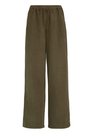 Olijfgroene broek met wijde pijpen, elastische tailleband en verstelbare trekkoord, gemaakt van lichtgewicht stof.