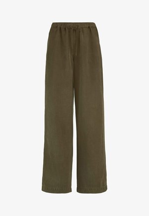 Pantaloni a gamba larga verde oliva con vita elastica e coulisse regolabile, realizzati in tessuto leggero.