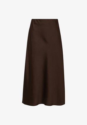 Brauner Satin-Midirock mit glatter Textur, elastischem Taillenbund und schwingender Silhouette, der einen dezenten Glanz und keine sichtbaren Muster aufweist.