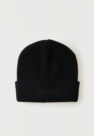Bonnet en maille côtelée noire avec revers plié et logo "ICEBERG" discrètement embossé à l'avant.