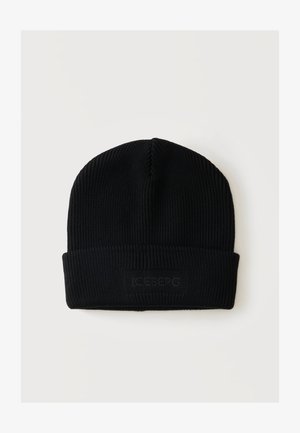 Bonnet en maille côtelée noire avec revers plié et logo "ICEBERG" discrètement embossé à l'avant.