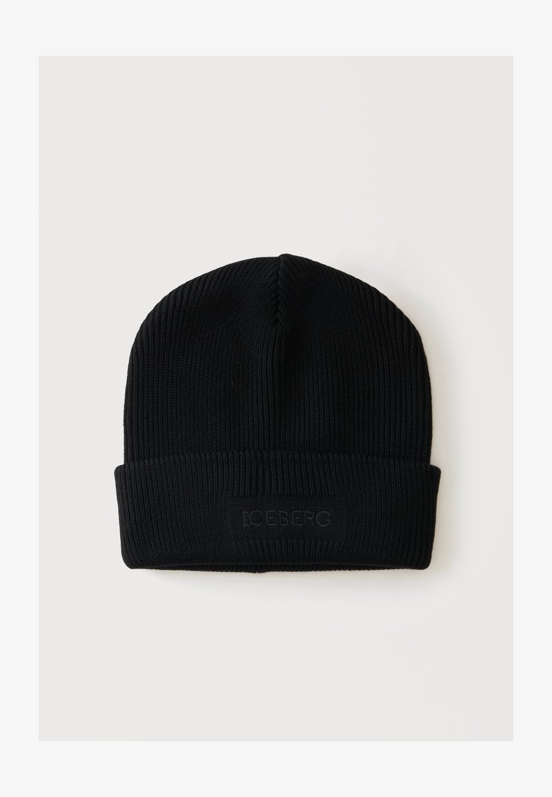 Bonnet en maille côtelée noire avec revers plié et logo "ICEBERG" discrètement embossé à l'avant.