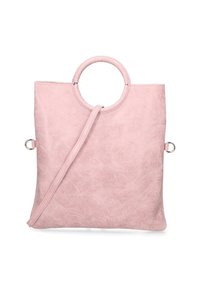 Roze faux suede tas met een gladde textuur, een cirkelvormige handgreep bovenaan en een afneembare schouderband. Heeft een minimalistisch ontwerp en strakke lijnen.