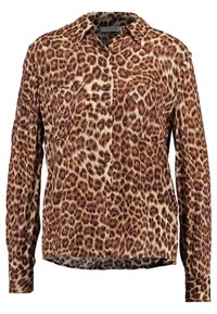 Camicia a maniche lunghe con stampa leopardata in tonalità marroni e beige, dotata di colletto, bottoni anteriori e due tasche sul petto. Texture morbida.