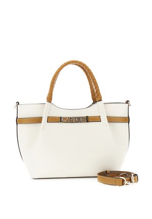 Bílá texturovaná kabelka s hnědými pletenými rukojeťmi, odnímatelným hnědým ramenním popruhem a zlatým logem "CAFE NOIR" na předním vodorovném proužku.