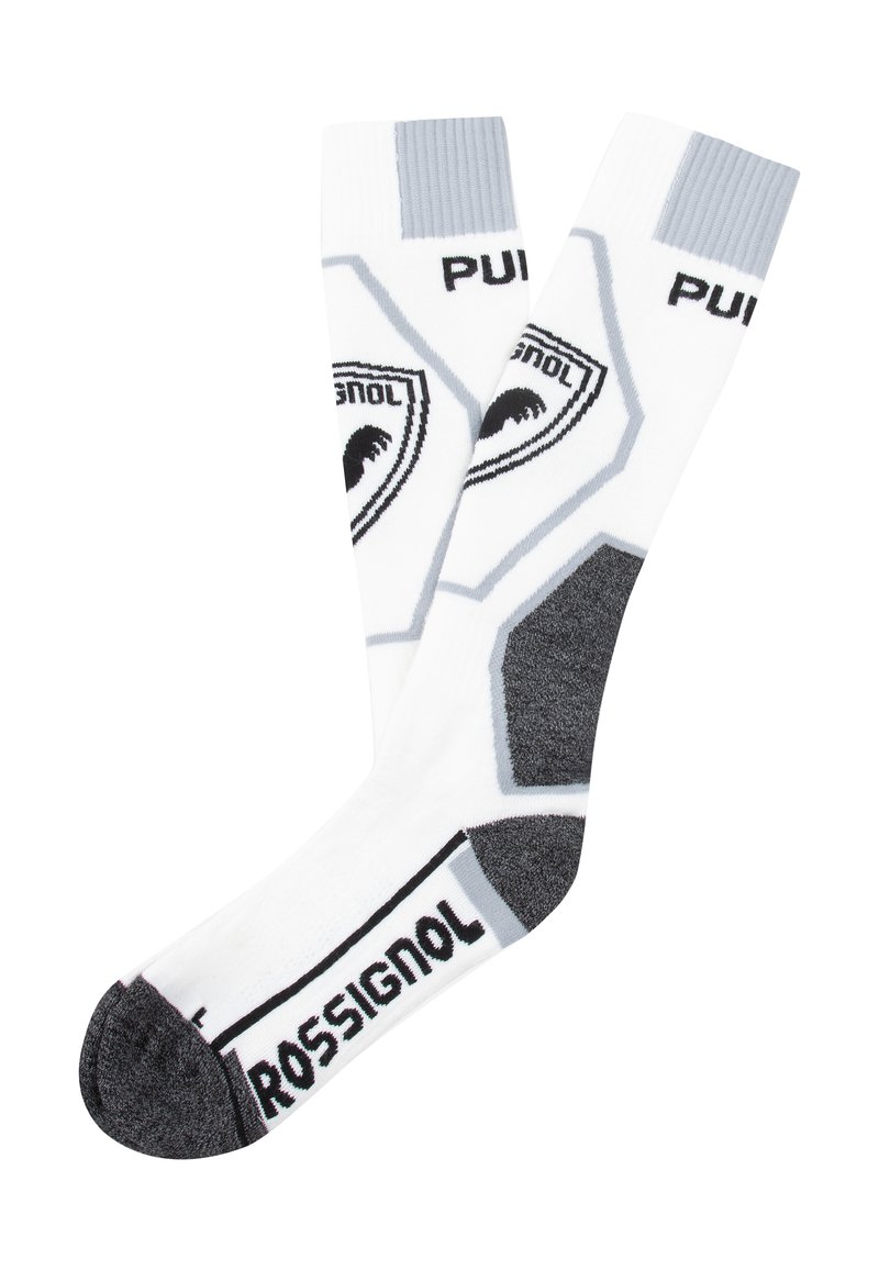 Calcetines blancos hasta la rodilla con acentos grises y una marca, que presentan un diseño hexagonal y un refuerzo en el talón y la punta de color gris oscuro.