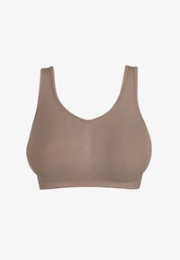 Sujetador deportivo beige sin costuras con tirantes anchos, copas de cobertura completa y una tela suave y elástica para un soporte cómodo.