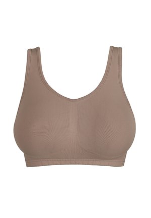 Brassière de sport beige sans coutures avec larges bretelles, bonnets à couverture complète et tissu lisse et extensible pour un maintien confortable.