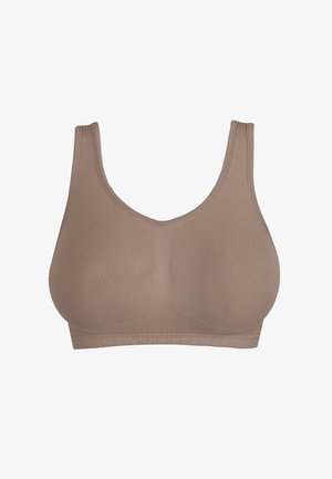 Naadloze beige sportbeha met brede schouderbanden, cups met volledige bedekking en een gladde, rekbare stof voor comfortabel ondersteuning.