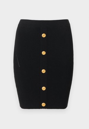 Fustă neagră din tricot cu dungi, cu un rând frontal de șase nasturi aurii, design strâmt și detaliu subtil de textură laterală.