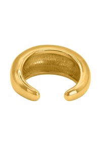 Anello aperto in tono oro con finitura liscia e lucida. Presenta bordi arrotondati e un interno cavo. La larghezza varia all'apertura.