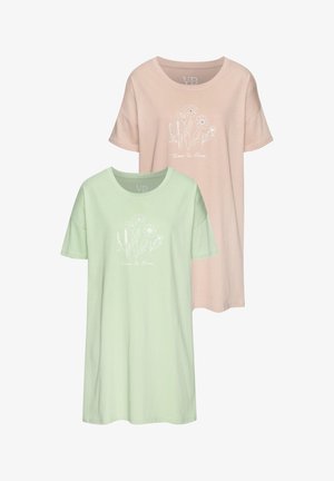 Zwei T-Shirts in Pastellfarben: eines grün und eines pfirsichfarben. Jedes zeigt ein weißes Blumendesign mit dem Schriftzug „time to bloom“ unter dem Motiv.