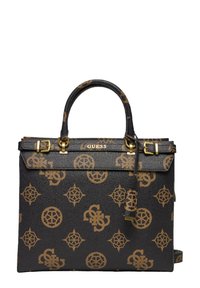 Borsa a mano in finta pelle nera con motivi a logo marroni, doppi manici corti, hardware in tonalità oro e tracolla removibile.