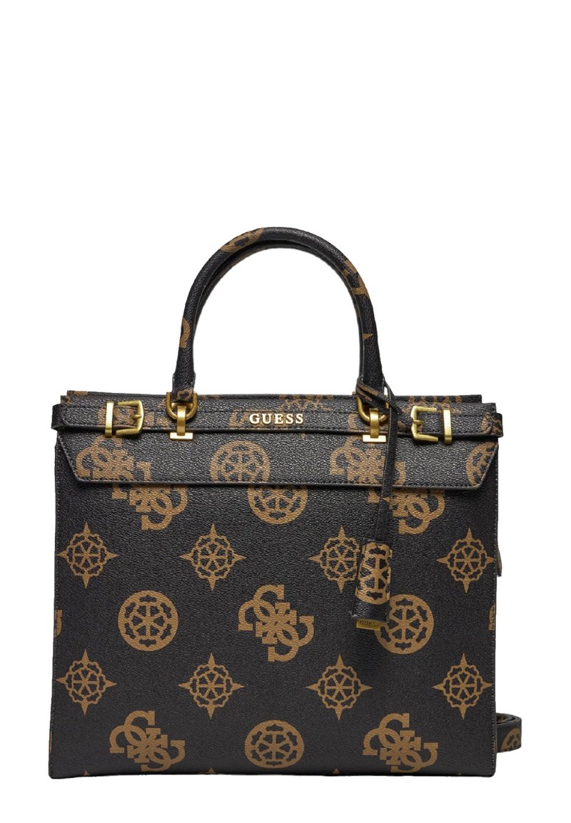 Borsa a mano in finta pelle nera con motivi a logo marroni, doppi manici corti, hardware in tonalità oro e tracolla removibile.